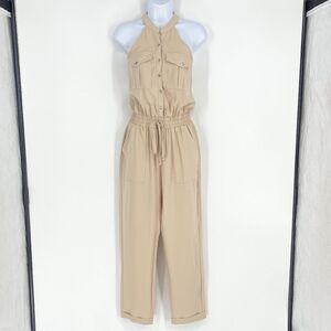 NWT Vonn + Valici Tan Khaki Sleeveless Pocket Snap Cuffed Racerback Jumpsuit Sm